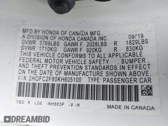 2019 Honda Civic Sport with VIN 2HGFC2F80KH605100, listed as a IAAI auction lot 41825640 with 82,363 mi miles and . Bid and sale history available at DreamBid. Image 9.