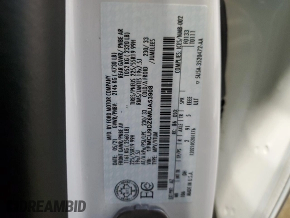 2021 Ford Escape Titanium Hybrid с VIN 1FMCU9DZ6MUA53908, выставлен на аукционе Copart как лот 85946674 с пробегом 31 476 миль миль и Списание • Salvage title. История ставок и продаж доступна на DreamBid. Изображение 14.