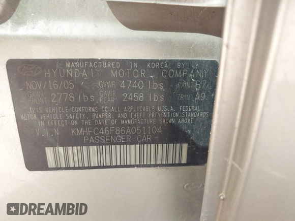2006 Hyundai Azera SE with VIN KMHFC46F86A051104, listed as a IAAI auction lot 41923493 with Not Provided miles and . Bid and sale history available at DreamBid. Image 9.