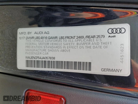2018 Audi A5 Sportback Premium Plus with VIN WAUENCF54JA057838, listed as a Copart auction lot 75138723 with 0 mi miles. Bid and sale history available at carsss.com. Image 14.