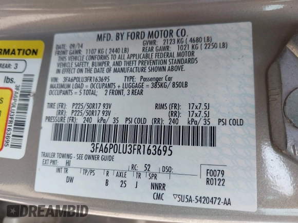 2015 Ford Fusion SE Hybrid z VIN 3FA6P0LU3FR163695, wystawiony jako IAAI lot #42428393 z przebiegiem 237 835 mil mil oraz . Historia ofert i sprzedaży dostępna na DreamBid. Obrazek 9.