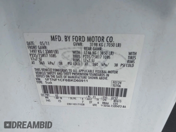 2011 Ford F-150 XL with VIN 1FTNF1CF6BKD60911, listed as a IAAI auction lot 41896165 with 233,742 mi miles and . Bid and sale history available at DreamBid. Image 9.