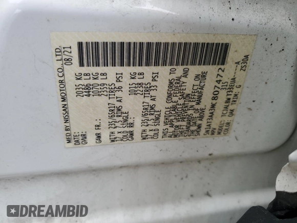 2021 Nissan Rogue S with VIN 5N1AT3AA3MC807472, listed as a Copart auction lot 52054225 with 47,322 mi miles and Salvage title. Bid and sale history available at DreamBid. Image 14.