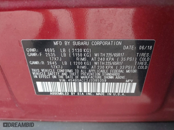 2018 Subaru Outback Premium with VIN 4S4BSACC2J3385359, listed as a IAAI auction lot 41954556 with 108,755 mi miles. Bid and sale history available at carsss.com. Image 9.