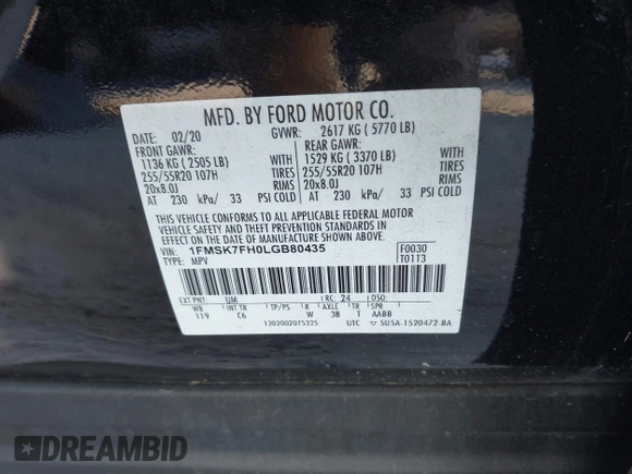 2020 Ford Explorer Limited with VIN 1FMSK7FH0LGB80435, listed as a IAAI auction lot 41857611 with 78,823 mi miles. Bid and sale history available at carsss.com. Image 9.