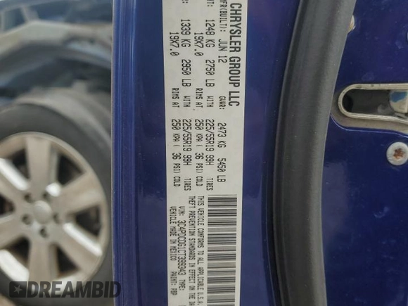 2012 Dodge Journey Crew with VIN 3C4PDCDG1CT399343, listed as a Copart auction lot 53610425 with 47,681 mi miles and Salvage title. Bid and sale history available at DreamBid. Image 14.