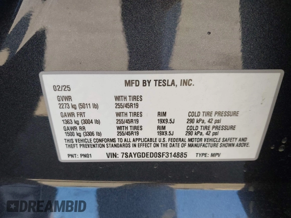 2025 Tesla Model Y Long Range z VIN 7SAYGDED0SF314885, wystawiony jako IAAI lot #41871384 z przebiegiem 1 795 mil mil oraz . Historia ofert i sprzedaży dostępna na DreamBid. Obrazek 9.