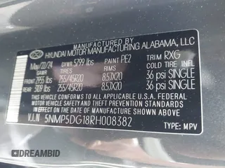 2024 Hyundai Santa Fe Calligraphy with VIN 5NMP5DG18RH008382, listed as a IAAI auction lot 42329590 with Not provided miles and . Bid and sale history available at DreamBid. Image 9.