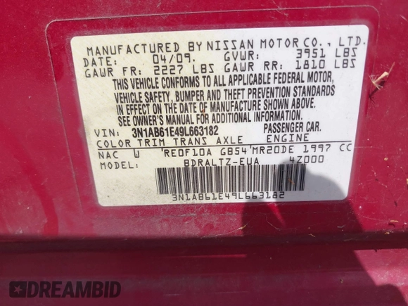 2009 Nissan Sentra FE+ with VIN 3N1AB61E49L663182, listed as a IAAI auction lot 42229419 with 121,992 mi miles and . Bid and sale history available at DreamBid. Image 9.