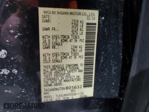 2014 Nissan Xterra S with VIN 5N1AN0NU7EN805632, listed as a Copart auction lot 44171325 with 101,260 mi miles and Salvage title. Bid and sale history available at DreamBid. Image 14.
