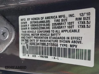 2011 Honda CR-V EX-L with VIN 5J6RE3H78BL015868, listed as a IAAI auction lot 41923790 with 197,224 mi miles. Bid and sale history available at carsss.com. Image 9.