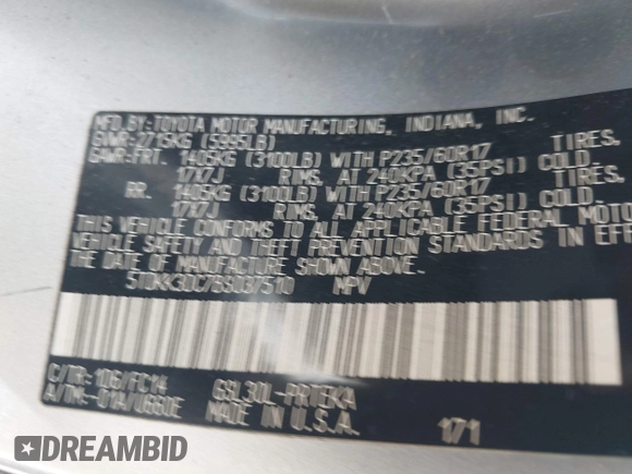 2011 Toyota Sienna LE AAS with VIN 5TDKK3DC7BS037510, listed as a IAAI auction lot 42587912 with 226,689 mi miles and . Bid and sale history available at DreamBid. Image 9.