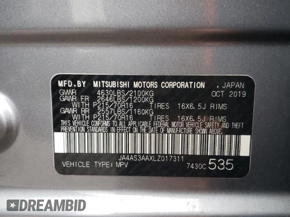 2020 Mitsubishi Eclipse Cross ES z VIN JA4AS3AAXLZ017311, wystawiony jako Copart lot #49521925 z przebiegiem 52 687 mil mil oraz Szkoda całkowita • Salvage title. Historia ofert i sprzedaży dostępna na DreamBid. Obrazek 15.