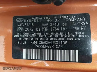 2016 Hyundai Veloster with VIN KMHTC6AD8GU301106, listed as a IAAI auction lot 41067109 with 139,002 mi miles. Bid and sale history available at carsss.com. Image 9.