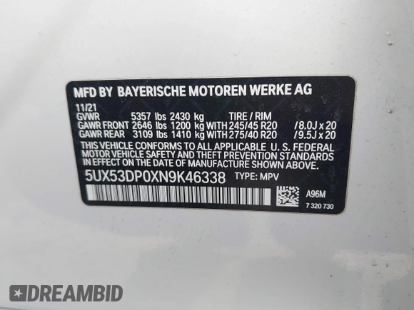 2022 BMW X3 xDrive30i with VIN 5UX53DP0XN9K46338, listed as a IAAI auction lot 41590856 with 12,163 mi miles and . Bid and sale history available at DreamBid. Image 9.