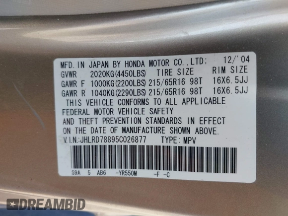 2005 Honda CR-V EX with VIN JHLRD78895C026877, listed as a IAAI auction lot 42129376 with 164,543 mi miles. Bid and sale history available at carsss.com. Image 9.