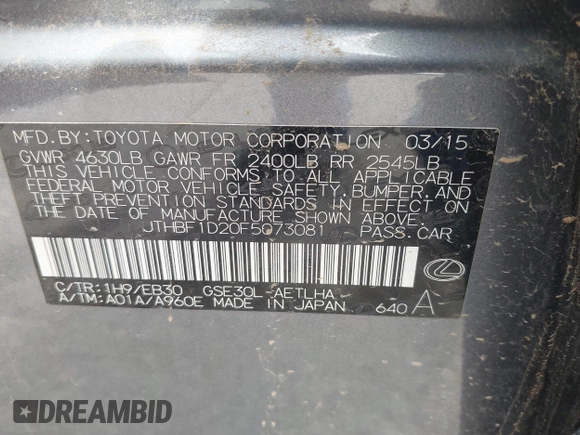 2015 Lexus IS 250 z VIN JTHBF1D20F5073081, wystawiony jako IAAI lot #42140726 z przebiegiem 88 996 mil mil oraz . Historia ofert i sprzedaży dostępna na DreamBid. Obrazek 9.