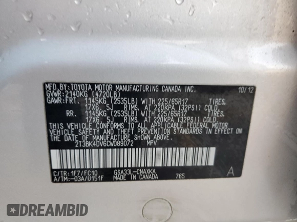 2012 Toyota RAV4 with VIN 2T3BK4DV6CW089072, listed as a Copart auction lot 43125975 with 150,020 mi miles and Salvage Title. Bid and sale history available at carsss.com. Image 13.