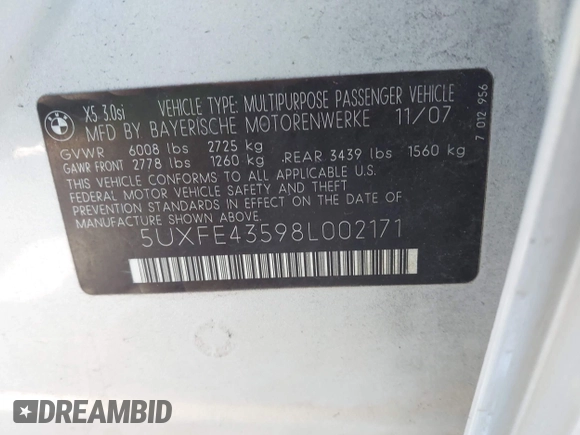 2008 BMW X5 3.0si z VIN 5UXFE43598L002171, wystawiony jako IAAI lot #42385920 z przebiegiem 234 795 mil mil oraz . Historia ofert i sprzedaży dostępna na DreamBid. Obrazek 9.