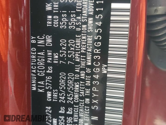 2024 Kia Telluride EX with VIN 5XYP34GC3RG554511, listed as a Copart auction lot 80327014 with 3,006 mi miles and Salvage Title. Bid and sale history available at DreamBid. Image 14.