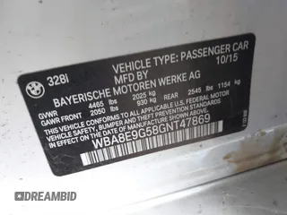 2016 BMW 3 Series 328i with VIN WBA8E9G58GNT47869, listed as a IAAI auction lot 41594120 with 57,561 mi miles. Bid and sale history available at carsss.com. Image 9.