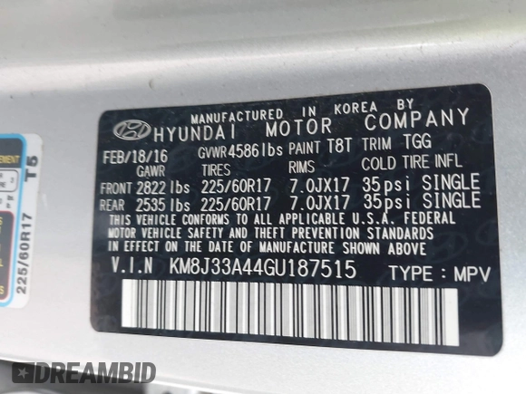 2016 Hyundai Tucson SE z VIN KM8J33A44GU187515, wystawiony jako IAAI lot #42015707 z przebiegiem 89 948 mil mil oraz . Historia ofert i sprzedaży dostępna na DreamBid. Obrazek 9.