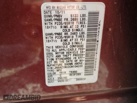 2012 Nissan Murano S with VIN JN8AZ1MU2CW104038, listed as a Copart auction lot 70012724 with 167,792 mi miles and Salvage Title. Bid and sale history available at carsss.com. Image 13.