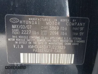 2007 Hyundai Elantra GLS with VIN KMHDU46DX7U223829, listed as a IAAI auction lot 42010736 with 140,201 mi miles and . Bid and sale history available at DreamBid. Image 9.