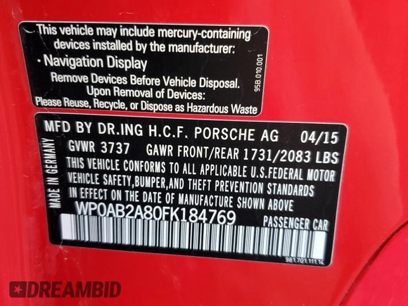 2015 Porsche Cayman S with VIN WP0AB2A80FK184769, listed as a Copart auction lot 83772914 with Not Provided miles and Salvage Title. Bid and sale history available at DreamBid. Image 12.