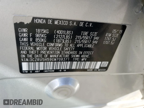 2016 Honda HR-V EX with VIN 3CZRU5H59GM708371, listed as a Copart auction lot 87648985 with 159,979 mi miles and Salvage Title. Bid and sale history available at carsss.com. Image 13.