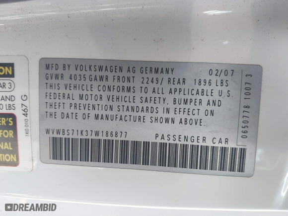 2007 Volkswagen Rabbit with VIN WVWBS71K37W186877, listed as a IAAI auction lot 41851834 with 76,291 mi miles. Bid and sale history available at carsss.com. Image 9.