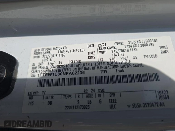 2022 Ford F-150 XL with VIN 1FTEW1E80NFA62236, listed as a IAAI auction lot 42730158 with 91,058 mi miles and . Bid and sale history available at DreamBid. Image 2.