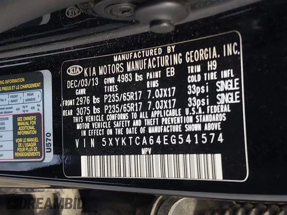 2014 Kia Sorento LX with VIN 5XYKTCA64EG541574, listed as a IAAI auction lot 42067910 with 144,234 mi miles and . Bid and sale history available at carsss.com. Image 9.