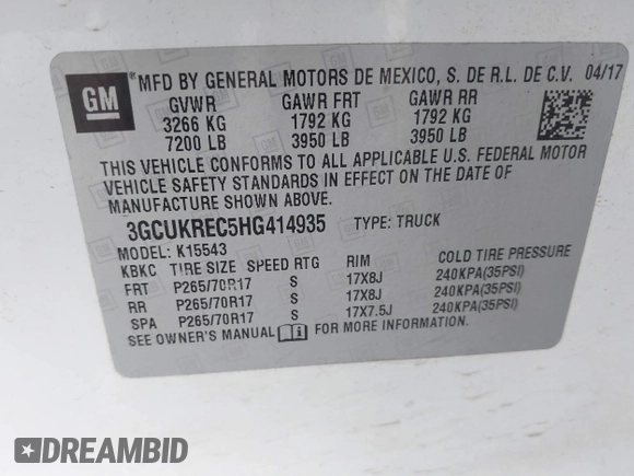 2017 Chevrolet Silverado 1500 LT with VIN 3GCUKREC5HG414935, listed as a IAAI auction lot 41064938 with 197,767 mi miles and . Bid and sale history available at DreamBid. Image 9.