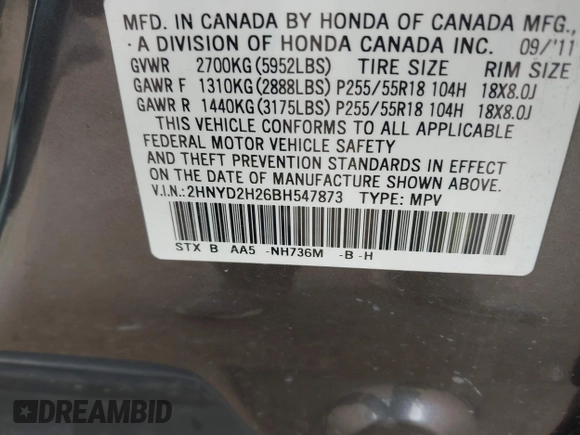2011 Acura MDX with VIN 2HNYD2H26BH547873, listed as a IAAI auction lot 42061470 with 179,997 mi miles. Bid and sale history available at carsss.com. Image 9.