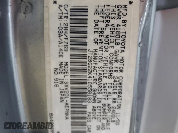 2001 Toyota Camry CE z VIN JT2BG22K410558183, wystawiony jako Copart lot #55600625 z przebiegiem 69 689 mil mil oraz Szkoda całkowita • Salvage title. Historia ofert i sprzedaży dostępna na DreamBid. Obrazek 12.