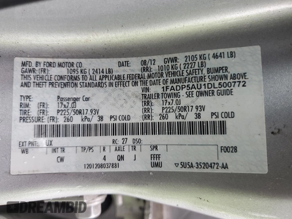 2013 Ford C-Max SE with VIN 1FADP5AU1DL500772, listed as a Copart auction lot 55602925 with 118,051 mi miles and Salvage Title. Bid and sale history available at DreamBid. Image 12.