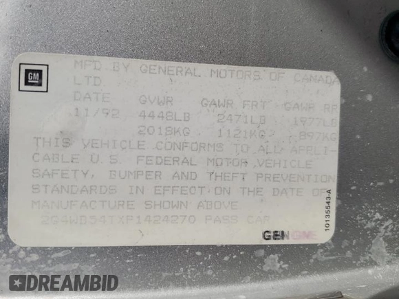 1993 Buick Regal with VIN 2G4WB54TXP1424270, listed as a Copart auction lot 41926734 with 114,102 mi miles and Salvage Title. Bid and sale history available at DreamBid. Image 12.
