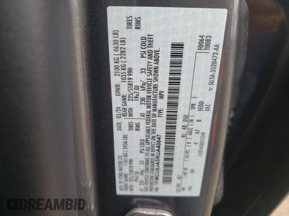 2024 Ford Escape Platinum with VIN 1FMCU9JA5RUA40847, listed as a Copart auction lot 72131814 with 1,509 mi miles and Salvage Title. Bid and sale history available at DreamBid. Image 15.