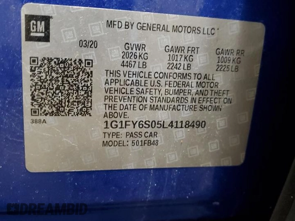 2020 Chevrolet Bolt EV LT with VIN 1G1FY6S05L4118490, listed as a Copart auction lot 61223505 with 48,979 mi miles and Salvage title. Bid and sale history available at DreamBid. Image 12.