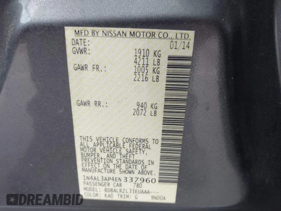 2014 Nissan Altima SL with VIN 1N4AL3AP4EN337960, listed as a IAAI auction lot 41485371 with 106,410 mi miles and . Bid and sale history available at DreamBid. Image 9.