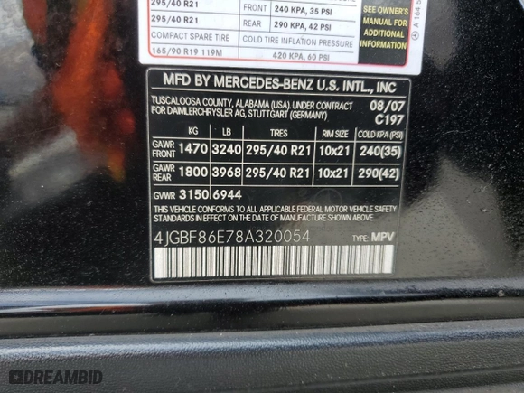 2008 Mercedes-Benz GL-Class 5.5L with VIN 4JGBF86E78A320054, listed as a Copart auction lot 51013845 with 0 mi miles and Salvage Title. Bid and sale history available at carsss.com. Image 14.