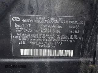 2011 Hyundai Sonata GLS with VIN 5NPEB4AC4BH216908, listed as a IAAI auction lot 42001947 with 253,837 mi miles and . Bid and sale history available at carsss.com. Image 9.