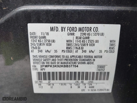 2019 Ford Edge Titanium with VIN 2FMPK3K92KBB37704, listed as a IAAI auction lot 41582488 with 132,036 mi miles. Bid and sale history available at carsss.com. Image 9.