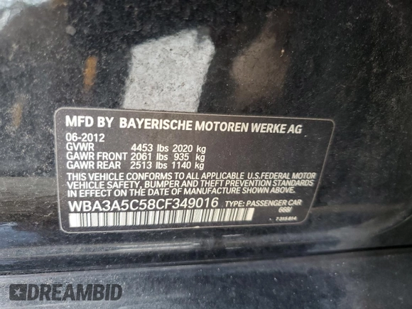 2012 BMW 3 Series 328i with VIN WBA3A5C58CF349016, listed as a Copart auction lot 65847345 with 155,358 mi miles and Clean title. Bid and sale history available at DreamBid. Image 12.