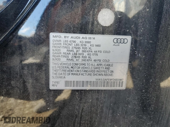 2015 Audi Q7 Premium Plus with VIN WA1LGAFE9FD002987, listed as a Copart auction lot 82804814 with Not Provided miles and Salvage Title. Bid and sale history available at DreamBid. Image 13.