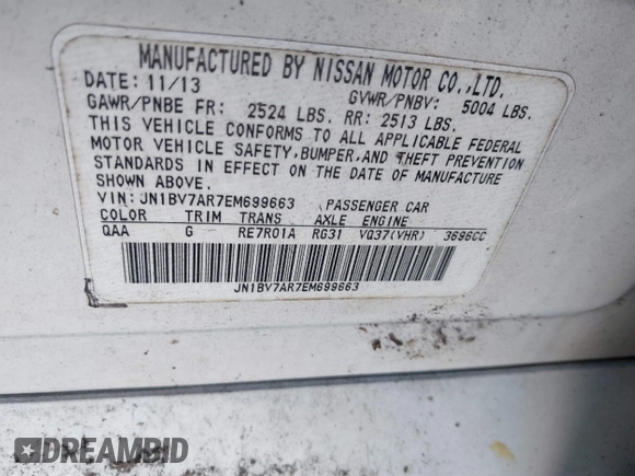 2014 Infiniti Q50 Sport with VIN JN1BV7AR7EM699663, listed as a IAAI auction lot 41532264 with 124,701 mi miles and . Bid and sale history available at DreamBid. Image 9.