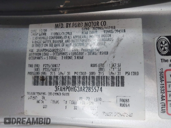 2010 Ford Fusion SE with VIN 3FAHP0HG3AR285574, listed as a IAAI auction lot 41830719 with 155,184 mi miles. Bid and sale history available at carsss.com. Image 9.
