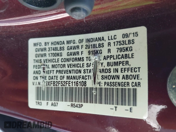 2015 Honda Civic LX with VIN 19XFB2F52FE116108, listed as a IAAI auction lot 42020372 with 161,385 mi miles and . Bid and sale history available at DreamBid. Image 9.