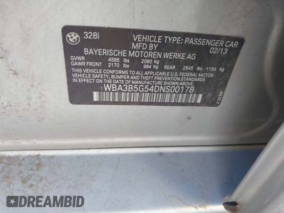 2013 BMW 3 Series 328i xDrive with VIN WBA3B5G54DNS00178, listed as a IAAI auction lot 40471342 with 68,209 mi miles and . Bid and sale history available at DreamBid. Image 9.